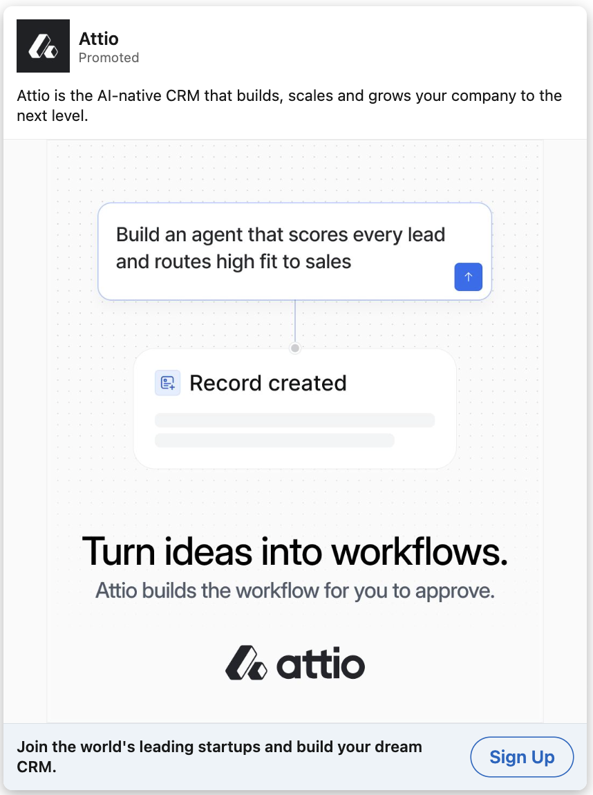 Attio LinkedIn ad: Turn ideas into workflows