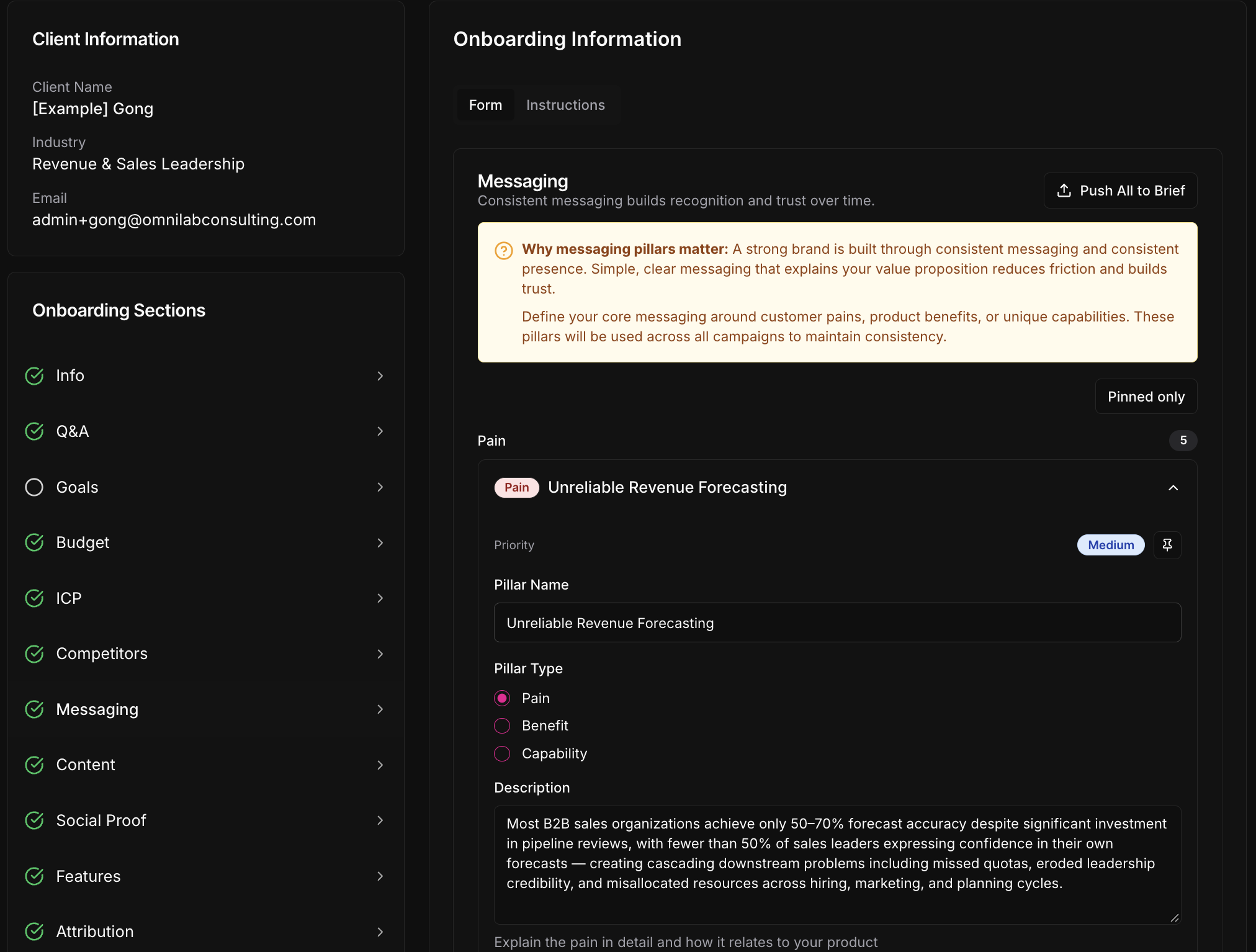 Omni OS Client Brief, Messaging section, example account