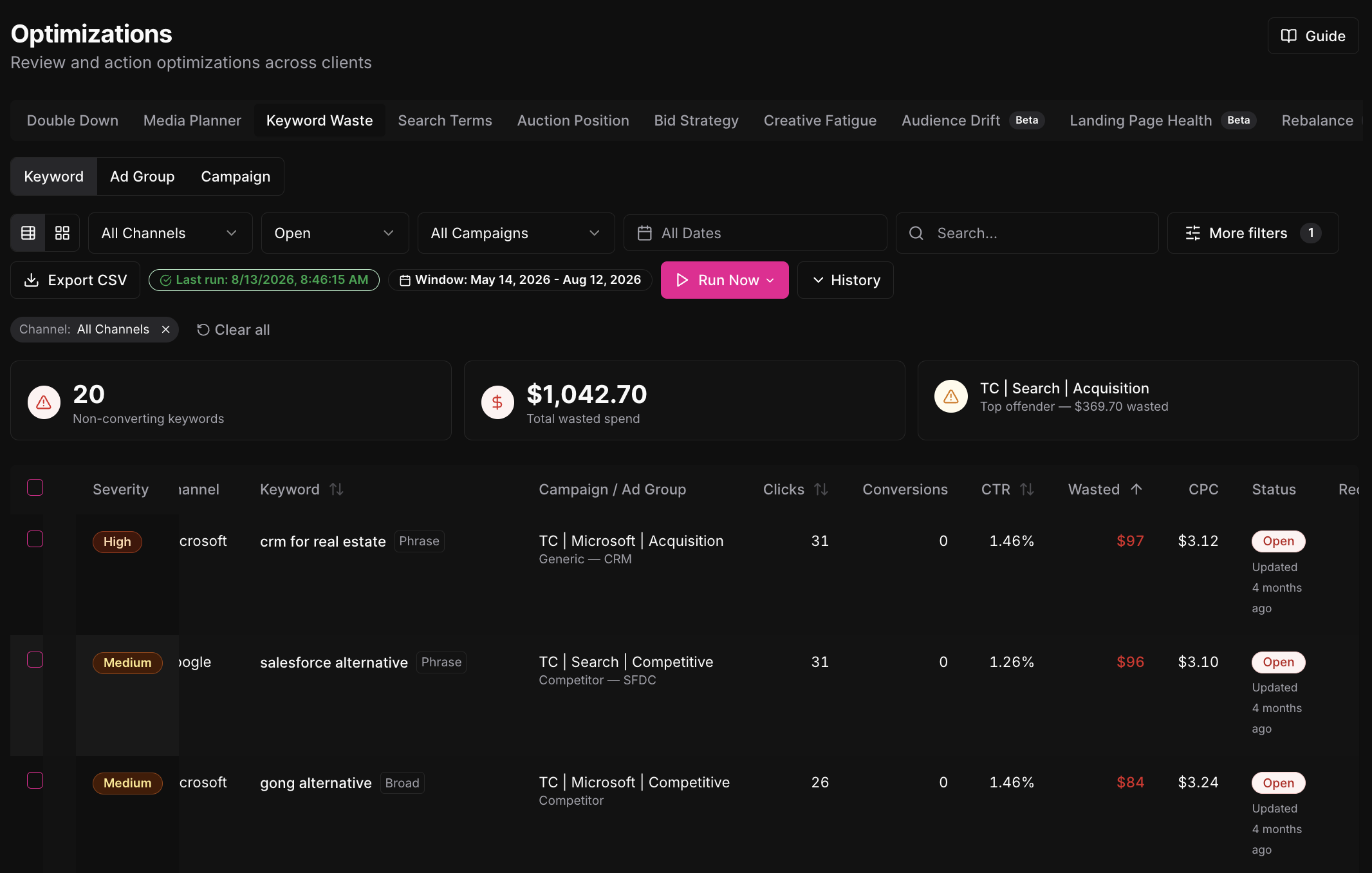 Omni OS Optimizations, Keyword Waste view